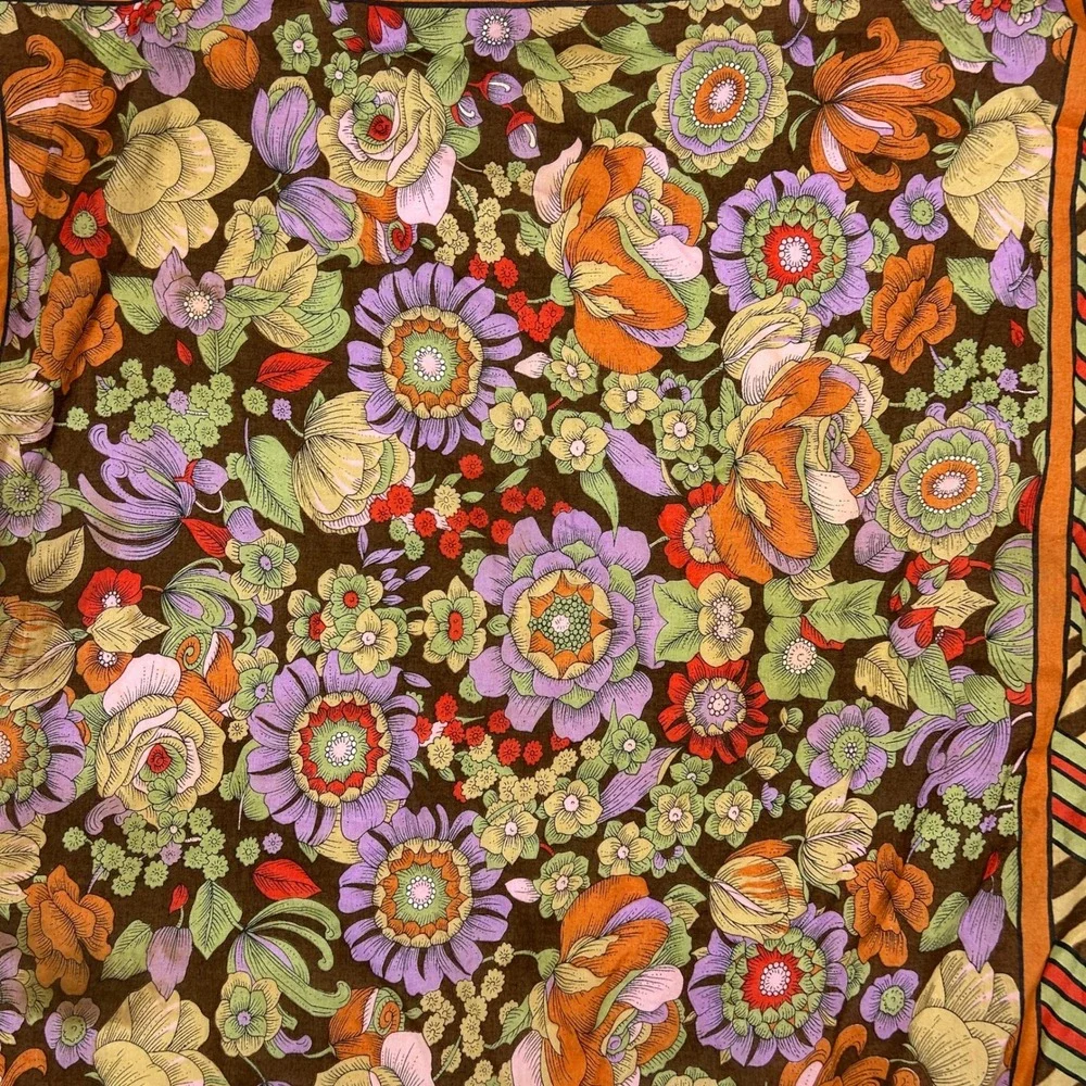 Vintage 70s Retro Floral & Striped Border Square Scarf Brown Boho Neck Kerchief
